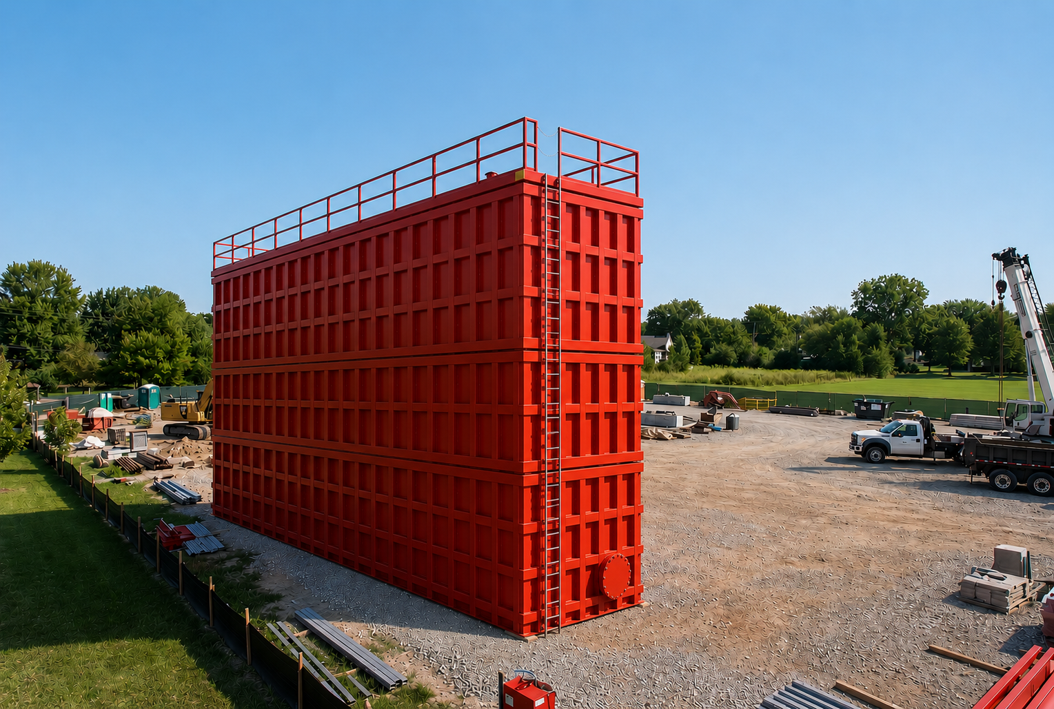 Red three-course modular tank fully assembled on site with ladder and OSHA guardrail