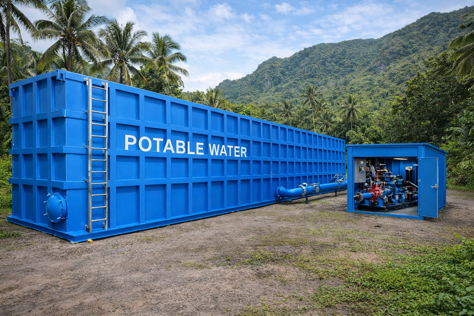 EnviroBox potable water storage tank installed at a remote site with pump skid