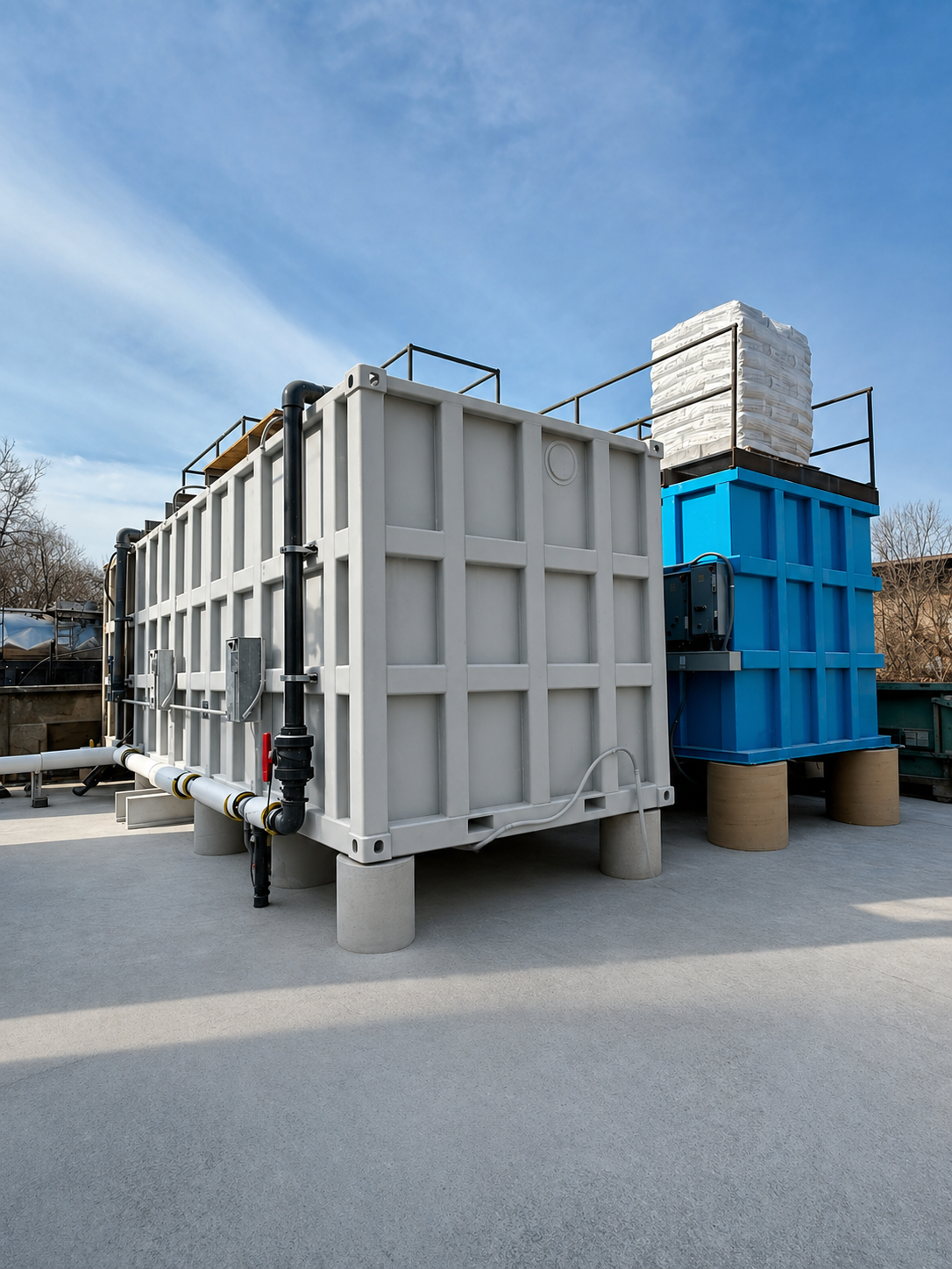 Installed EnviroBox tanks staged on a concrete pad with auxiliary equipment